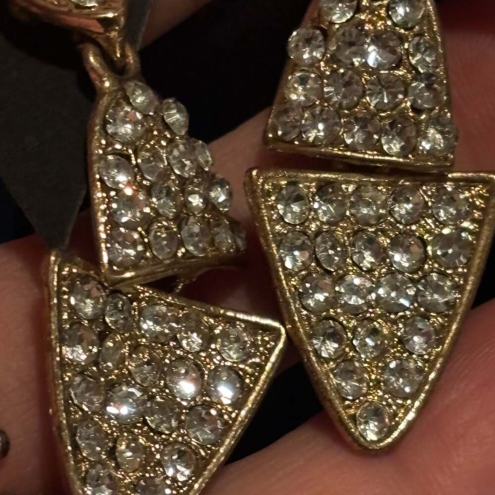 Gold-Tone Geometric Double Triangle Drop Earrings with Pavé Crystals - Picture 7 of 12